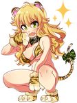  ahoge alternate_costume animal_ears animal_print blonde_hair blush bottomless breasts claws collar fang flower green_eyes highres hoshii_miki idolmaster idolmaster_(classic) large_breasts long_hair looking_at_viewer no_panties open_mouth paws ribbon simple_background solo squatting tail tail_ribbon tiger_ears tiger_paws tiger_print tiger_tail white_background yuuko_(yu-kochan) 