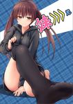  1girl adjusting_clothes adjusting_legwear black_legwear blush brown_eyes brown_hair commentary cover cover_page feet foreshortening giantess hachimitsu_(hachimitsu_pot) highres hood hoodie miniboy naughty_face outstretched_leg scan size_difference soles thighhighs thighhighs_pull twintails 