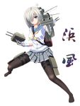  backpack bad_id bad_pixiv_id bag blue_eyes bow breasts character_name full_body gloves hair_ornament hair_over_one_eye hairclip hamakaze_(kantai_collection) highres holding kantai_collection large_breasts looking_at_viewer no_shoes pantyhose school_uniform serafuku short_hair skirt solo strap toid310 translated transparent_background white_gloves white_hair 