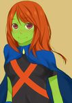  1girl alien black_shirt cape dc_comics female freckles green_skin miss_martian shirt smile solo 