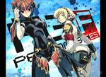  aegis_(persona) android armband blonde_hair blue_eyes blue_hair copyright_name metis multiple_girls muramasa_mikado persona persona_3 red_eyes weapon 