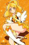  blonde_hair blush boots bow character_name copyright_name cure_honey hair_bow happinesscharge_precure! highres jewel_(the_black_canvas) looking_at_viewer magical_girl oomori_yuuko orange_background ponytail precure skirt smile solo thighs wide_ponytail yellow_eyes yellow_skirt 