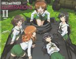  absurdres ahoge akiyama_yukari black_eyes black_hair black_legwear blush brown_eyes brown_hair copyright_name english from_above girls_und_panzer grass green_skirt ground_vehicle hairband headphones highres isuzu_hana kneeling loafers long_hair looking_at_viewer looking_back lying m3_lee medium_tank military military_vehicle miniskirt motor_vehicle multiple_girls neckerchief nishizumi_miho official_art on_back on_vehicle ooarai_school_uniform open_mouth orange_eyes orange_hair outdoors panzerkampfwagen_iv pleated_skirt reizei_mako scan school_uniform serafuku shadow shoes short_hair sitting skirt smile socks sturmgeschutz_iii sugimoto_isao takebe_saori tank thighhighs throat_microphone type_89_i-gou 