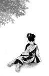  artist_request back barefoot black_hair earrings facing_away feet greyscale inuyasha japanese_clothes jewelry kagura_(inuyasha) kimono leaf monochrome pointy_ears sitting soles solo spread_toes tied_hair toes topknot tree 
