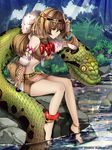  anklet armlet bangle bare_legs barefoot barefoot_sandals bracelet bridal_gauntlets brown_hair copyright giant_snake hair_ornament hairband highres jewelry kaizin_rumble leather long_hair non-web_source primcoco sitting snake soaking_feet solo source_request tied_hair tribal water 