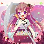  :d bow brown_hair candy carrying fairy fairy_wings food hair_ornament hairclip heart heart_hair_ornament long_hair one_side_up open_mouth original pointy_ears purple_eyes scythe shiwasu_horio smile solo star wings 