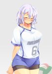  alternate_costume bike_shorts bike_shorts_under_shorts blush breasts closed_eyes clothes_writing hair_ornament highres kokka_han large_breasts lavender_hair letty_whiterock plump short_hair shorts simple_background solo sportswear touhou volleyball volleyball_uniform 