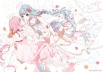  angel angel_wings babydoll bird bloomers blue_hair doll_joints dove flower green_eyes hair_flower hair_ornament halo long_hair mia0309 multiple_girls original pink_hair ponytail skirt star underwear very_long_hair white_background wings 