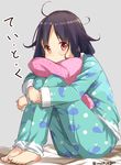  ahoge alternate_costume animal_print barefoot black_hair fish_print full_body grey_background highres kantai_collection leg_hug long_hair looking_at_viewer max_melon multicolored multicolored_clothes multicolored_pajamas pajamas pillow pillow_hug print_pajamas red_eyes simple_background sitting sketch solo taigei_(kantai_collection) translated twitter_username whale_print 
