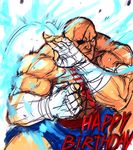  bald blocking eyepatch hand_wraps happy_birthday highres male_focus muscle sagat scar shirtless shorts solo street_fighter tetsu_(kimuchi) 