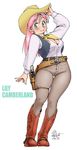  boots breasts character_name cleavage cowboy_boots cowboy_hat full_body green_eyes gun handgun hat highres holster large_breasts lily_camberland long_hair original pants pink_hair pistol revolver shirt solo standing thigh_gap vest weapon western yabataso 