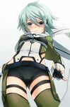  blue_eyes blue_hair blush fingerless_gloves gloves hair_ornament hairclip keita_(tundereyuina) scarf short_hair short_shorts shorts sinon solo sword_art_online weapon 