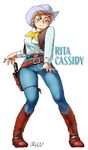  belt boots breasts character_name cowboy_boots cowboy_hat denim full_body green_eyes gun handgun hat holster jeans medium_breasts neckerchief orange_hair original pants pistol revolver rita_cassidy short_hair solo spurs vest weapon western yabataso 