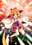  :d blonde_hair frog_eyes gradient_eyes hair_ornament hair_ribbon hands_clasped hat moriya_suwako multicolored multicolored_eyes open_mouth own_hands_together ribbon shiwasu_horio short_hair smile solo thighhighs touhou white_legwear wide_sleeves zettai_ryouiki 