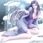  ayakashi_hyakkiyakou ayuse_masahiko barefoot breasts character_request cleavage eyeliner facial_mark feet japanese_clothes kimono large_breasts long_hair looking_at_viewer makeup obi purple_hair sash sitting snow snowflakes snowing solo toenail_polish toes tree very_long_hair wind winter yellow_eyes yuki_onna 