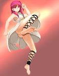  anklet artist_request ass bare_legs barefoot blush breasts clenched_hands dress feet fighting_stance full_body highres jewelry long_hair magi_the_labyrinth_of_magic medium_breasts morgiana necklace no_panties non-web_source one_side_up red_eyes red_hair sideboob soles solo toes 