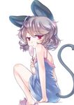  alternate_costume animal_ears back candy dress food grey_hair iris_anemone lollipop looking_at_viewer looking_back mouse_ears mouse_tail nazrin red_eyes short_hair simple_background sitting sleeveless solo tail touhou white_background 