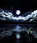  blonde_hair blouse chachaneko cloud cloudy_sky from_behind full_moon hair_ribbon highres moon moon_reflection night reflection ribbon rumia scenery short_hair skirt sky solo star_(sky) starry_sky touhou vest walking walking_on_liquid water 