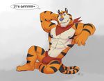  abs anthro bulge dialog english_text feline fur kellogg&#039;s kellogg's male mammal mascot muscles nipples pecs rrowdybeast scarf solo speedo stripes swimsuit text tiger tony_the_tiger 