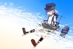 :d ^_^ arm_warmers black_legwear closed_eyes hat kantai_collection kneehighs machinery ocean ooshio_(kantai_collection) open_mouth partially_submerged purple_hair rin_(royal) school_uniform shirt short_hair sitting skirt smile solo suspenders twintails twitter_username water wet white_shirt 