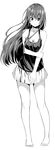  attsun_(atsushi_jb) barefoot blush breasts cleavage closed_mouth feet full_body greyscale highres long_hair looking_at_viewer medium_breasts monochrome original shirt simple_background skirt smile solo standing white_background 