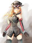  bad_id bad_pixiv_id bismarck_(kantai_collection) blonde_hair blue_eyes clenched_hand elbow_gloves gloves hat kantai_collection long_hair looking_at_viewer nunucco solo thighhighs wind zettai_ryouiki 