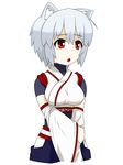  animal_ears blush breasts detached_sleeves highres hitotsubashi_inari inubashiri_momiji japanese_clothes medium_breasts open_mouth pom_pom_(clothes) red_eyes short_hair silver_hair simple_background solo touhou v_arms white_background wolf_ears 