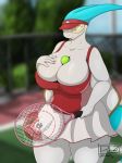  2018 antennae anthro ball big_breasts breasts cleavage clothed clothing dizzyknight dragon female flygon hat huge_breasts invalid_tag looking_at_breasts nintendo pok&eacute;mon pok&eacute;mon_(species) pok&eacute;morph scalie skirt skyla_the_flygon solo tennis tennis_ball tennis_court tennis_racket video_games visor white_skin wings 