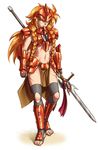  armor barefoot braid breasts dirty_feet feet freckles full_body gloves greaves les_chevaucheurs loincloth long_hair maxa' medium_breasts midriff navel pelvic_curtain phenice_walholl polearm red_hair scar simple_background solo spear tied_hair toeless_legwear twintails underboob very_long_hair weapon white_background yellow_eyes 