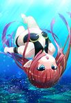  arched_back barefoot bikini blue_eyes coral freediving highres long_hair maritchi ocean open_mouth pointy_ears red_hair solo swimming swimsuit umi_monogatari underwater upside-down urin_(umi_monogatari) 
