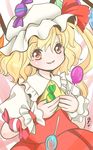  ascot blonde_hair candy commentary_request fang flandre_scarlet food hands_on_own_chest hat hat_ribbon highres holding lollipop looking_at_viewer mob_cap parted_lips red_eyes ribbon side_ponytail signature smile touhou wings wrist_cuffs yuzuna99 