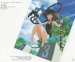  absurdres akiyama_yukari barefoot black_swimsuit brown_eyes brown_hair casual_one-piece_swimsuit cloud day girls_und_panzer goggles highres holding jumping measuring_stick messy_hair official_art one-piece_swimsuit open_mouth outdoors pool scan sky smile snorkel solo sugimoto_isao swimsuit tree 
