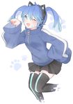  animal_ears artist_name bad_id bad_pixiv_id blue_eyes blue_hair blush cat_ear_headphones cat_ears ene_(kagerou_project) fake_animal_ears fang headphones jacket kagerou_project long_hair marin_(myuy_3) one_eye_closed oversized_clothes short_hair skirt solo thighhighs track_jacket twintails zettai_ryouiki 