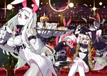  alcohol alternate_costume animal_ears bad_id bad_pixiv_id bare_shoulders bartender between_breasts black_hair blush bottle bow bowtie breasts bunny_ears bunny_girl bunnysuit chi-class_torpedo_cruiser claws couch crossed_legs cup detached_collar disco_ball fishnet_pantyhose fishnets ho-class_light_cruiser hood horn jacket kantai_collection large_breasts lighter long_hair long_sleeves mask money multiple_girls navel open_mouth pale_skin pantyhose plant potted_plant re-class_battleship red_eyes ri-class_heavy_cruiser scarf seaport_hime shinkaisei-kan short_hair silver_hair smile sparkle table tray tsuru_(clainman) very_long_hair white_hair wrist_cuffs yellow_eyes 
