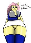  blush breasts clothing drago_(artist) equine feathers female fluttershy_(mlp) friendship_is_magic fur hair hooves horse legwear long_hair looking_at_viewer low-angle_shot mammal my_little_pony pegasus pink_hair plain_background pony pussy shirt solo standing stockings teal_eyes text wings worm's-eye_view yellow_fur 