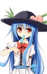  blue_hair food fruit hat hinanawi_tenshi long_hair mouth_hold peach popsicle red_eyes solo sweat touhou very_long_hair white_background yuuhagi_(amaretto-no-natsu) 