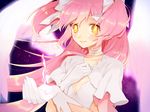  bow cleavage_cutout etsuo feathered_wings gloves hair_bow hand_on_own_chest kaname_madoka long_hair magical_girl mahou_shoujo_madoka_magica pink_hair solo spoilers two_side_up ultimate_madoka white_gloves wings yellow_eyes 