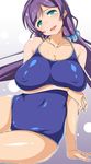  1girl blue_eyes blue_swimsuit breasts erect_nipples female hair_ornament head_tilt highres huge_breasts long_hair long_twintails love_live!_school_idol_project one-piece_swimsuit open_mouth purple_hair sitting solo swimsuit taigi_akira thigh_gap toujou_nozomi twintails 