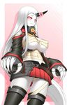  bare_shoulders blush breasts budget_sarashi claws cosplay covered_nipples detached_sleeves glowing glowing_eyes horn kantai_collection large_breasts long_hair looking_at_viewer miniskirt miyagi_yasutomo musashi_(kantai_collection) musashi_(kantai_collection)_(cosplay) pale_skin red_eyes sarashi seaport_hime shinkaisei-kan skirt solo tears thighhighs underboob white_hair zettai_ryouiki 
