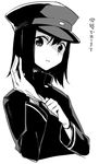  akitsu_maru_(kantai_collection) glove_pull greyscale hat kantai_collection looking_at_viewer military military_uniform monochrome peaked_cap rin_(royal) short_hair solo uniform upper_body 