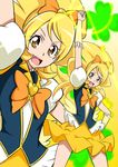  blonde_hair cure_honey eyelashes hair_ornament hair_ribbon happinesscharge_precure! happy jabara_tornado long_hair looking_at_viewer magical_girl oomori_yuuko open_mouth ponytail precure puffy_sleeves ribbon shirt skirt smile solo standing vest wide_ponytail wrist_cuffs yellow_eyes yellow_skirt 