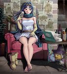  alcohol bare_shoulders barefoot beer blue_hair book boots boots_removed bottle brown_eyes bubble_slime cape chair circlet cup dragon_quest dragon_quest_iii dress elbow_gloves full_body ghost_(dragon_quest) gloves hayakawa_pao highres horned_rabbit long_hair mimic mimic_chest poster_(object) sage_(dq3) short_dress sitting slime_(dragon_quest) smile solo staff table toenail_polish wanted wine_bottle 