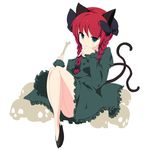  :3 animal_ears bangs bare_legs black_bow bone bow braid breasts cat cat_ears cat_tail dress frilled_dress frills full_body green_dress green_eyes hair_bow juliet_sleeves kaenbyou_rin long_hair long_sleeves looking_at_viewer multiple_tails puffy_long_sleeves puffy_sleeves red_hair sakaki_(utigi) shoes simple_background sitting skull small_breasts solo tail touhou twin_braids 