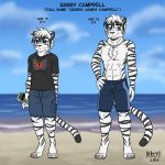  2018 abs anthro beach brown_eyes chest_tuft clothed clothing digitigrade feet feline full_body fur hair harry_campbell heresy_(artist) jewelry male mammal model_sheet multicolored_hair muscular necklace outside pantherine paws seaside shirt shorts slightly_chubby stripes swimsuit t-shirt tiger topless tuft two_tone_hair video_games white_fur white_hair young 