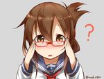  ? anchor_symbol bespectacled brown_eyes brown_hair face folded_ponytail glasses hand_on_eyewear inazuma_(kantai_collection) kantai_collection looking_at_viewer max_melon neckerchief red-framed_eyewear sailor_collar school_uniform serafuku simple_background solo twitter_username 