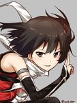  bangle bangs bare_shoulders black_hair bracelet brown_eyes elbow_gloves gloves hair_ornament jewelry kantai_collection looking_at_viewer max_melon remodel_(kantai_collection) scarf sendai_(kantai_collection) short_hair simple_background smile solo twitter_username white_scarf 