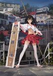  akagi_(kantai_collection) architecture black_hair bow_(weapon) breasts cosplay east_asian_architecture flight_deck hand_on_hip highres hjl japanese_clothes kantai_collection long_hair looking_at_viewer medium_breasts no_bra parody railing skirt smile solo thighhighs underboob weapon white_legwear zettai_ryouiki 