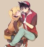  1girl baseball_cap black_hair blonde_hair blush boots brown_hair couple eye_contact fingerless_gloves gloves hand_in_hair hand_on_ankle hat hetero long_hair looking_at_another poke_ball pokemon pokemon_special ponytail red_(pokemon) red_eyes simple_background sitting spiked_hair waist_poke_ball yellow_(pokemon) yui_ko 