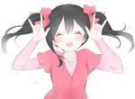  :d \m/ ^_^ artist_name bad_id bad_pixiv_id black_hair blush bow casual closed_eyes double_\m/ hair_bow long_hair long_sleeves love_live! love_live!_school_idol_project marin_(myuy_3) nico_nico_nii open_mouth red_shirt shirt smile solo twintails yazawa_nico 