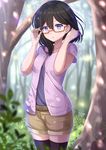  :o belt black_hair blurry blush day depth_of_field forest glasses glasslip highres kazenokaze lens_flare looking_at_viewer nagamiya_sachi nature open_mouth outdoors purple_eyes semi-rimless_eyewear shirt short_sleeves shorts solo thighhighs tree under-rim_eyewear 